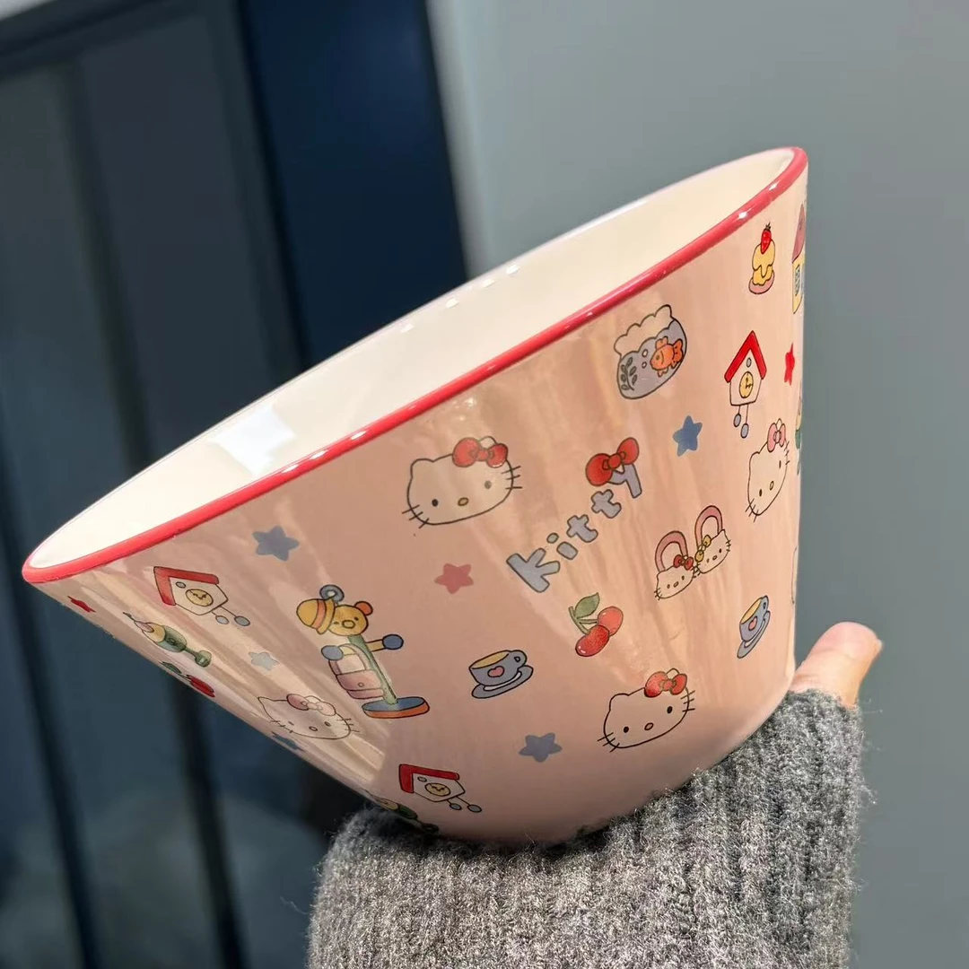 【圆和圈】出口尾单 乐园小猫7寸斗笠碗 粉釉带红边陶瓷碗