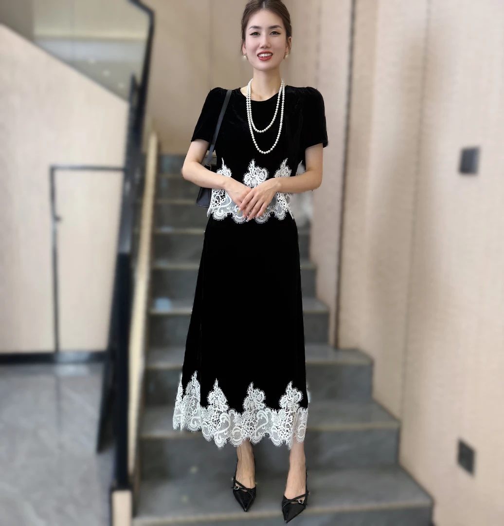 【JY】2025夏季圆领短袖丝绒拼接蕾丝上衣高腰半身裙两件套套装