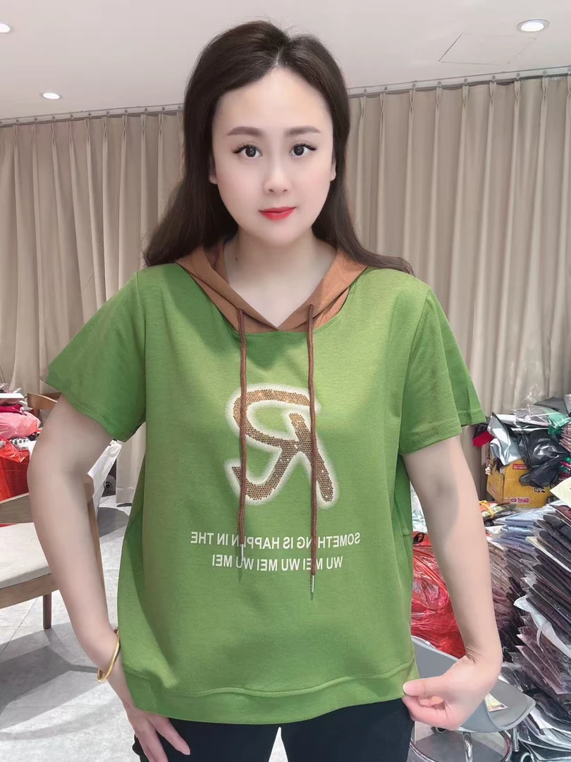 【尚品胖小妞】【868连帽短袖】2025夏季百搭新款时尚连帽短袖体恤