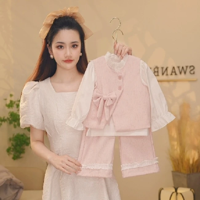 【Y.a9826】25春季新款女童甜美蝴蝶结气质百搭长裤女宝时尚套装