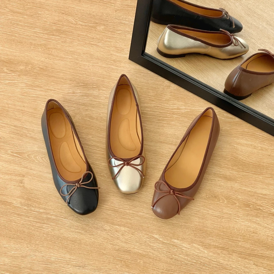 HUSSLOVE 头层牛皮·跟高1CM·简约百搭柔软平底蝴蝶结浅口小单鞋女