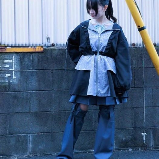 日单 原宿风cos 异素材拼接 连帽 外套44D