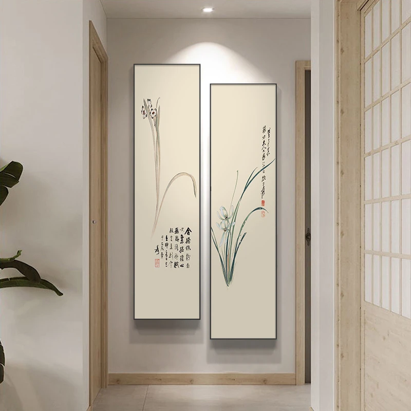 新中式竖版玄关装饰画书房茶室挂画入户正对门走廊过道壁画兰花画