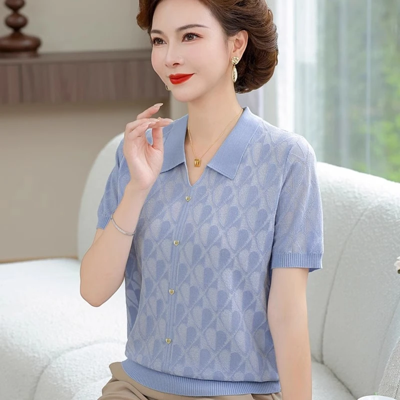 2025夏季新款短袖T恤中年女装冰丝莱赛尔上衣时尚妈妈装百搭小衫