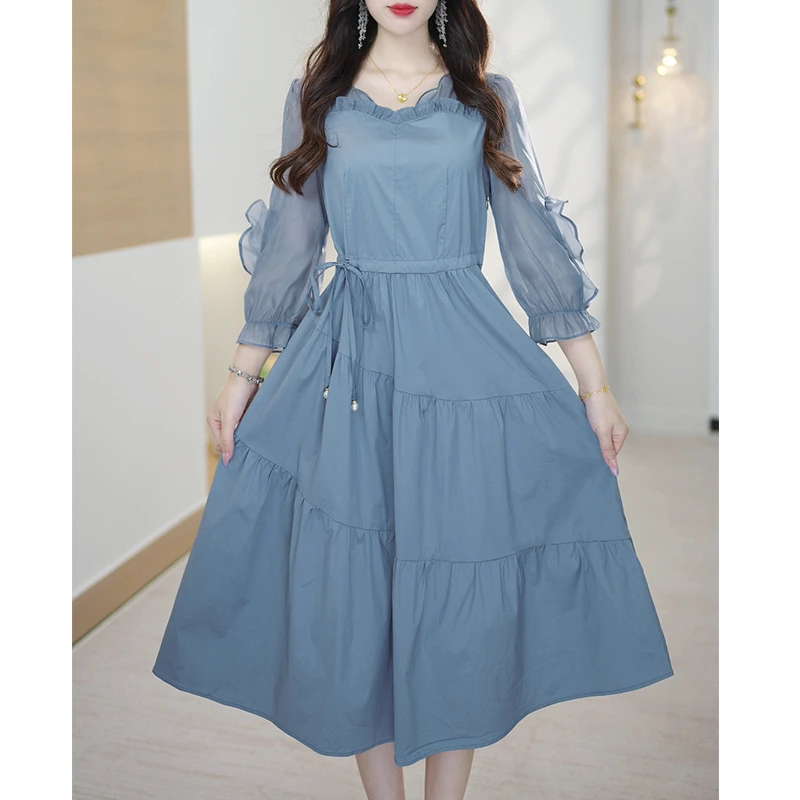 L5569 秋季新款2025新中式长袖洋气连衣裙女显瘦拼接裙子