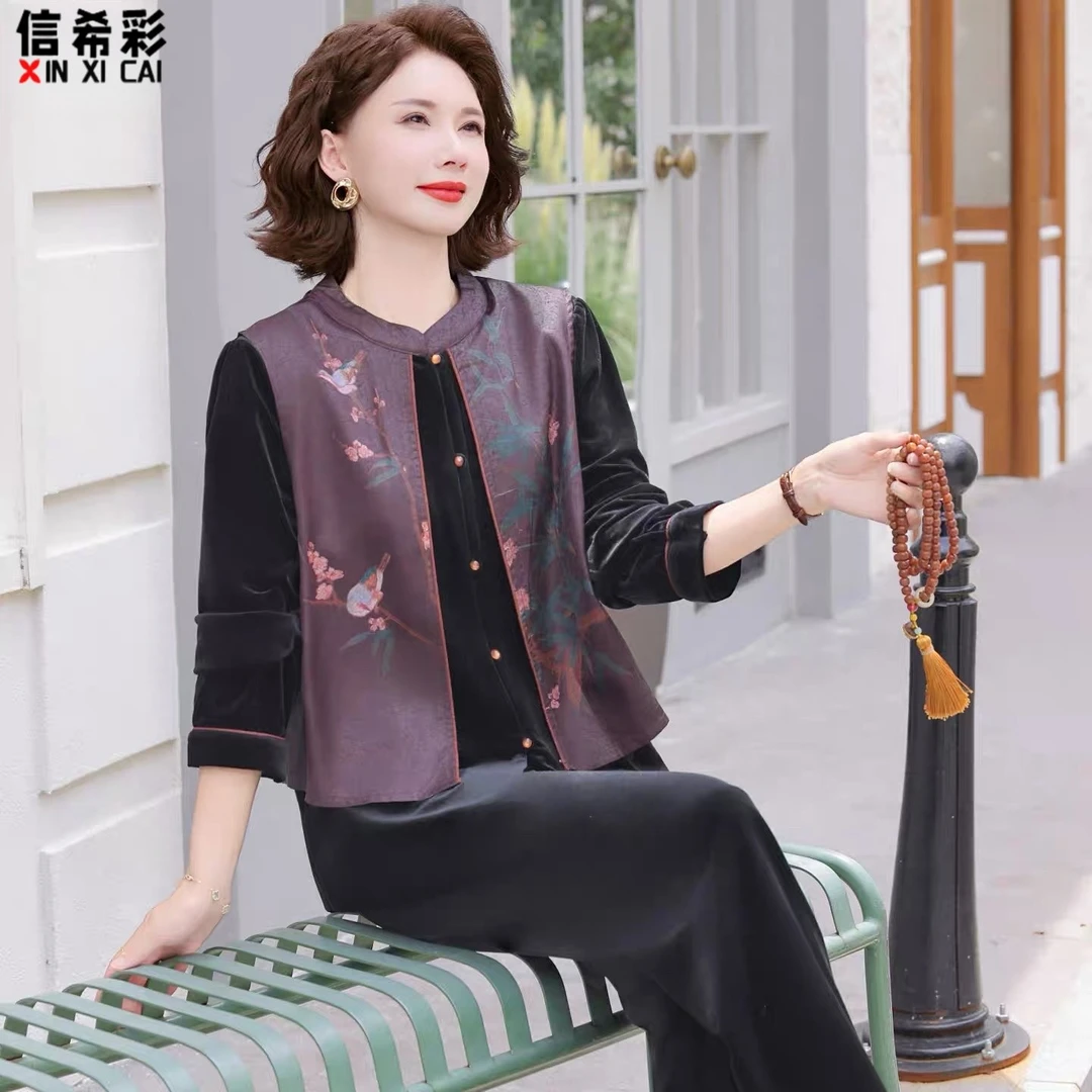 国风妈妈秋装金丝绒套装新款中老年人女春秋假两件开衫两件套