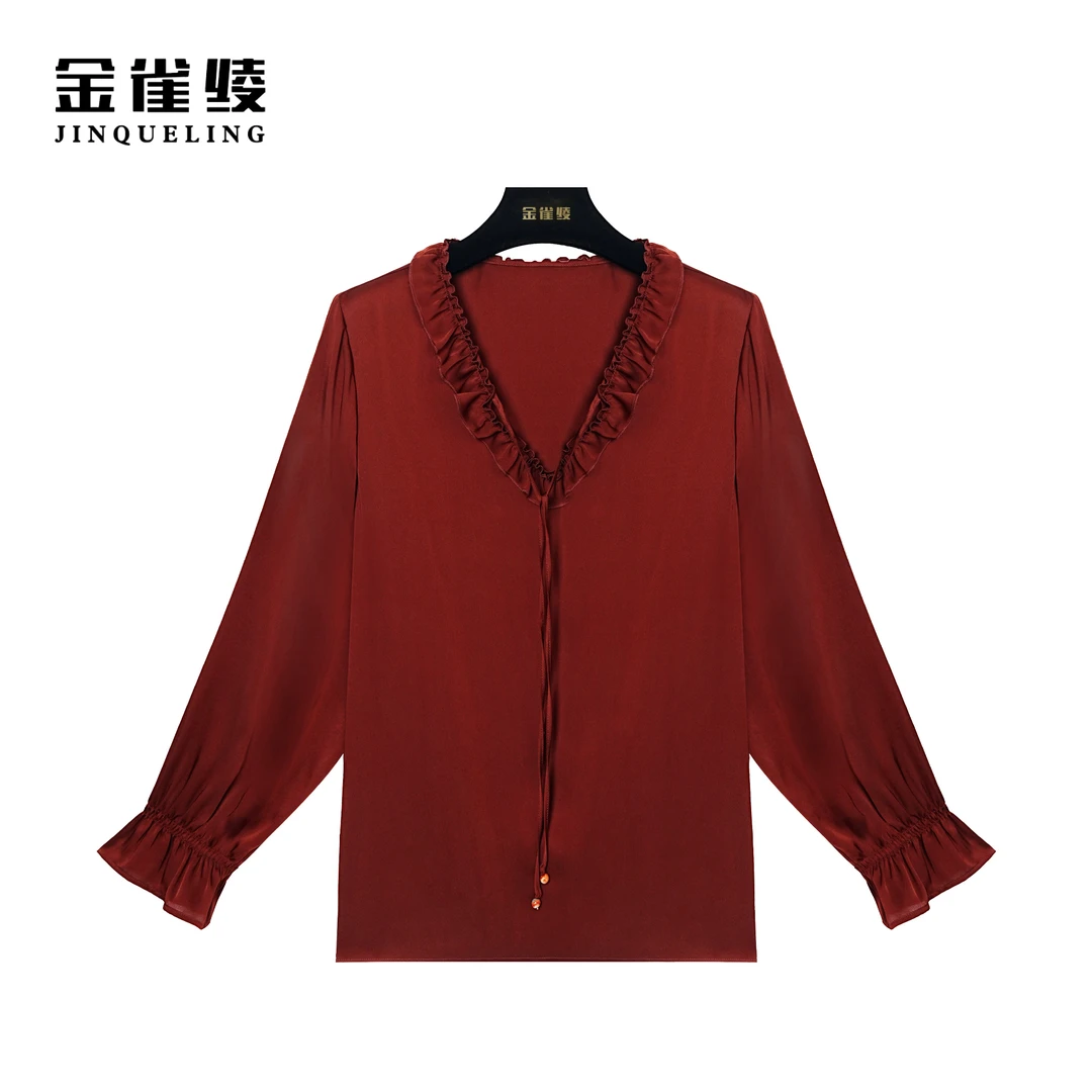 金雀绫【法式红茶】桑蚕丝欧美风设计师款气质百搭衬衫SZ4S41