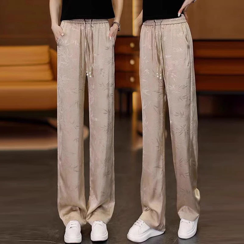 冰丝阔腿裤女2025夏季新款高腰垂感显瘦新中式提花窄版直筒长裤