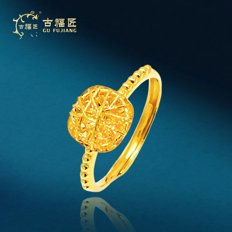 古福匠黄金足金方糖戒指四边璀璨亮闪开口戒指5G宽8.5mm厚5.4mm