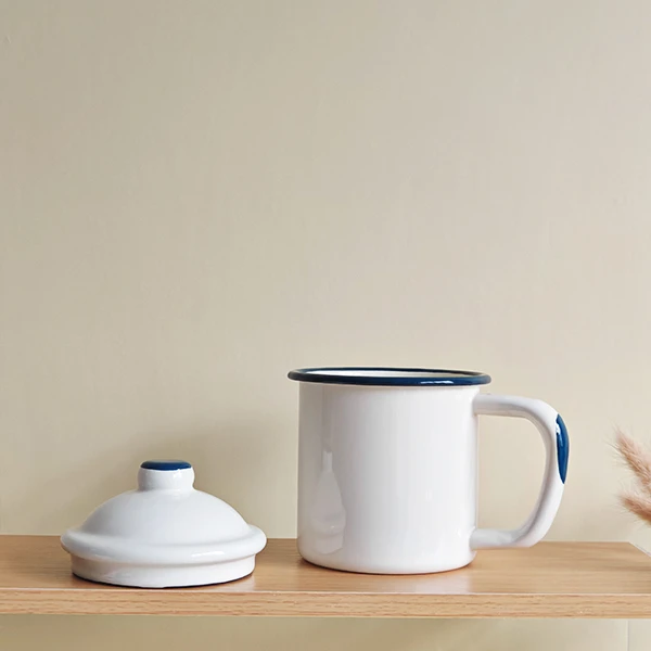 复古搪瓷茶缸带盖子/可加热使用/蓝白色/老式