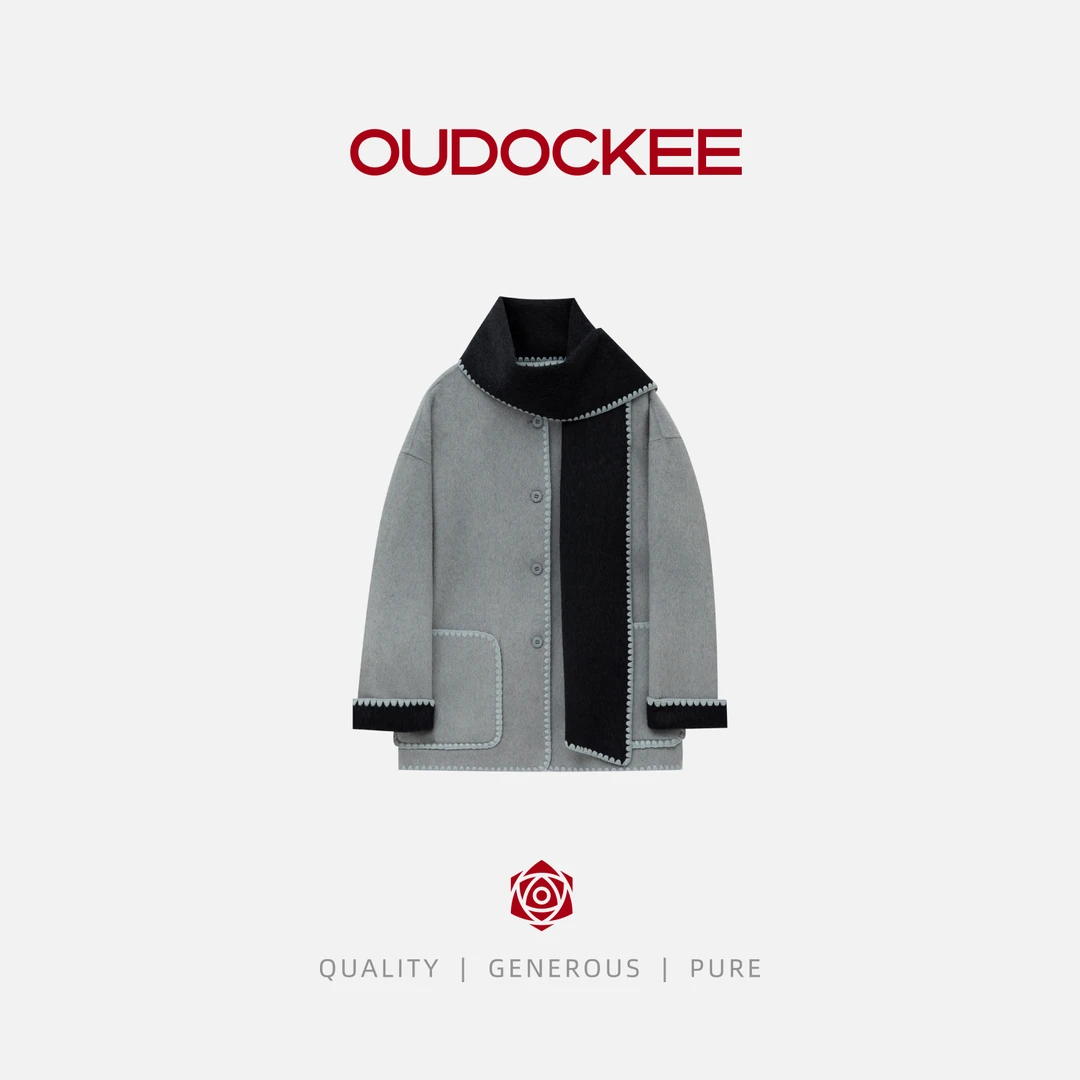 OUDOCKEE 鸥鸥【蓝莓】韩版设计感双面穿围巾棉羊毛呢子大衣 8529