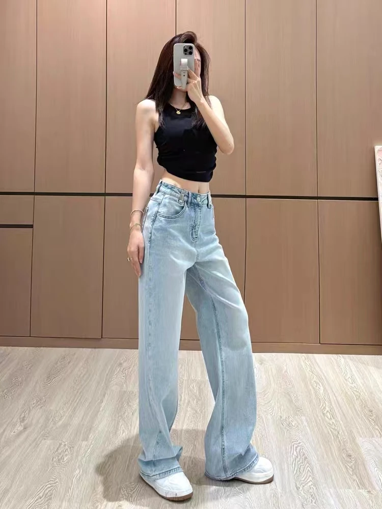 6608#高级感浅色水洗牛仔裤女2025新款高腰阔腿宽松直筒长裤