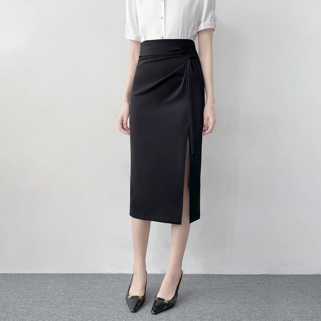 H82高腰显瘦开叉半身裙子女夏季新款不规则设计垂感包臀裙中长款