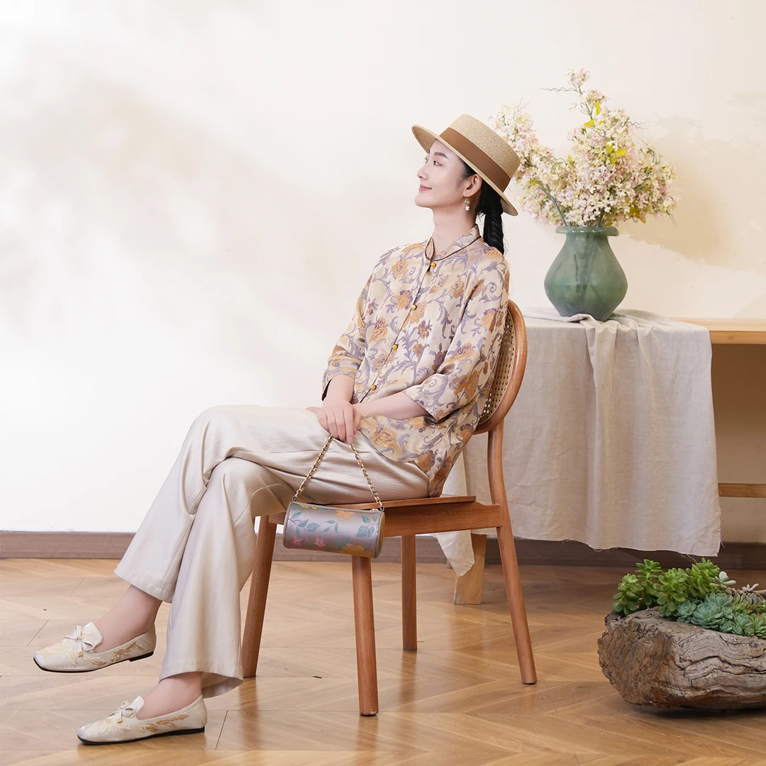 布符2025年春季新款花开富贵插肩袖上衣立领长袖衬衫女装MCCX31