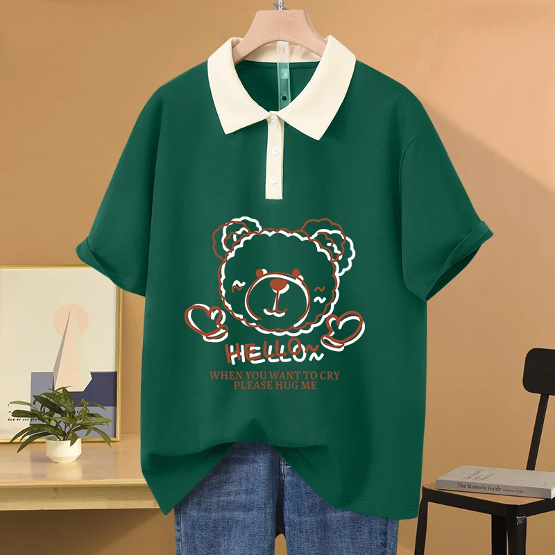 oversize宽松胖mm夏季POLO领纯棉短袖t恤女装美式复古显瘦上衣服