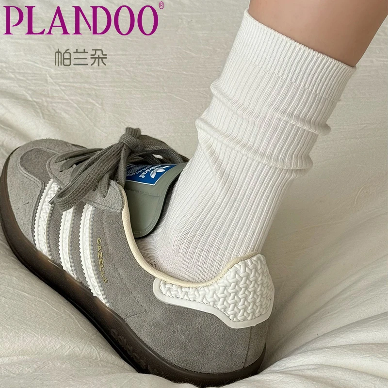 白色袜子女中筒袜春秋季纯棉防臭堆堆袜2025新款配德训鞋秋冬长袜