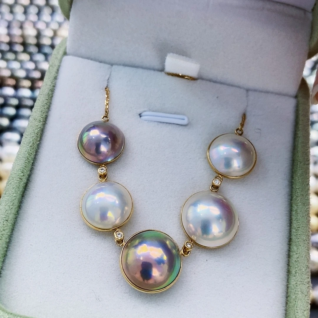 拼合珍珠（马贝珠）18K金镶嵌日本原单马贝套链