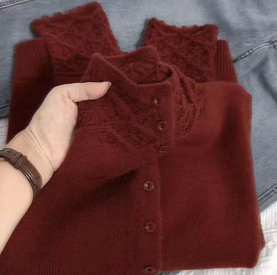 3440三色镂空钩花秋冬季女时尚开衫毛衣上衣针织衫纯色外套软糯潮