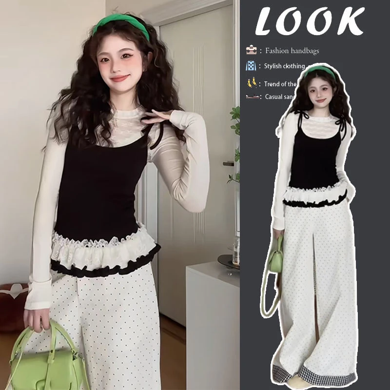 今年流行穿搭女2025新款韩系减龄设计感假两件上衣阔腿裤两件套装