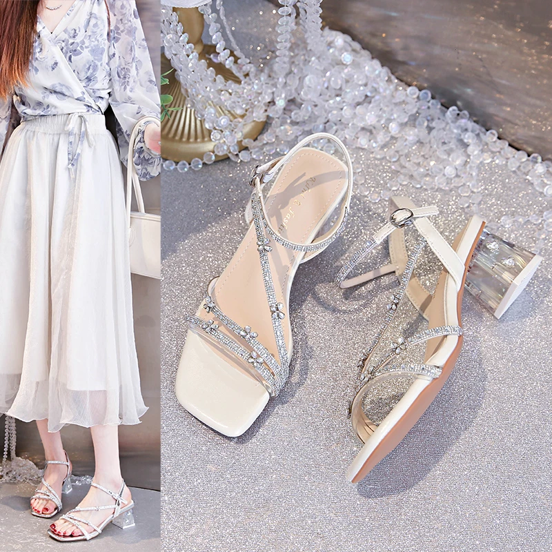 【粗跟22】法式高跟鞋凉鞋女款2025新款夏季水钻一高跟鞋女夏仙女风