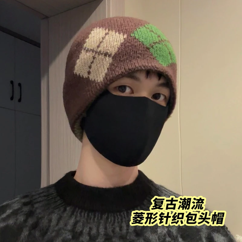 CCDE秋冬时尚菱形针织包头帽男女冬季百搭保暖显脸小毛线帽子冷帽
