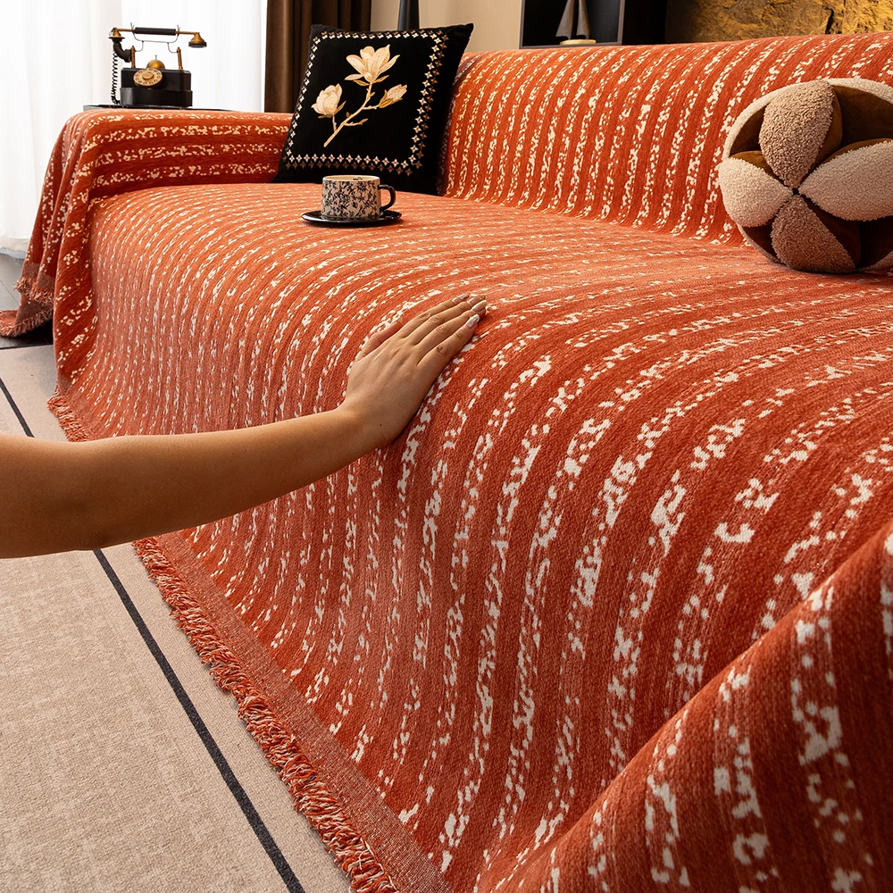 新款简约百搭轻奢防滑条纹防猫抓雪尼尔沙发巾沙发套盖布盖毯罩巾