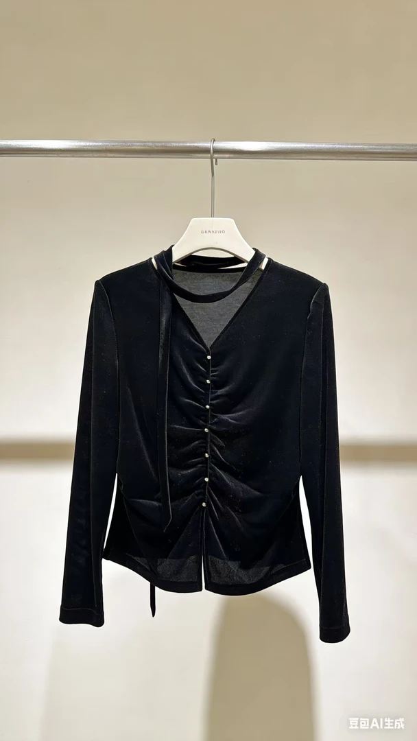 S537 春秋款法式高级复古飘带丝绒褶皱打底单穿小衫MAN