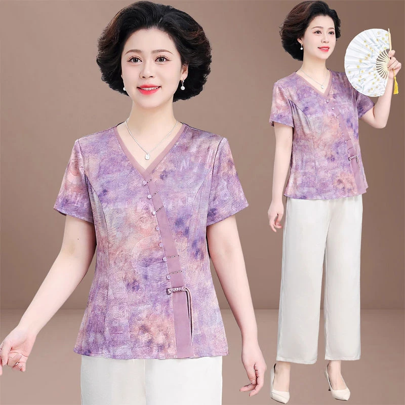 店铺妈妈夏季国风短袖套装洋气时尚新款时尚中老年女新中式上衣两