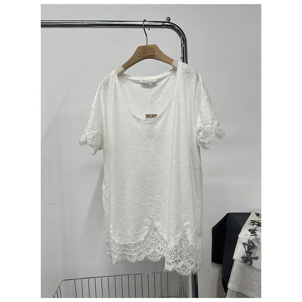 T529  夏季新款女士时尚百搭宽松圆领拼接泪滴短袖T恤女