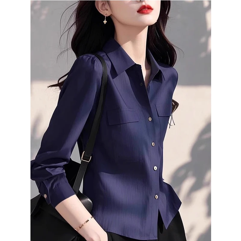 法式高级感轻奢通勤气质蓝色POLO领收腰衬衫女2025年新款漂亮上衣