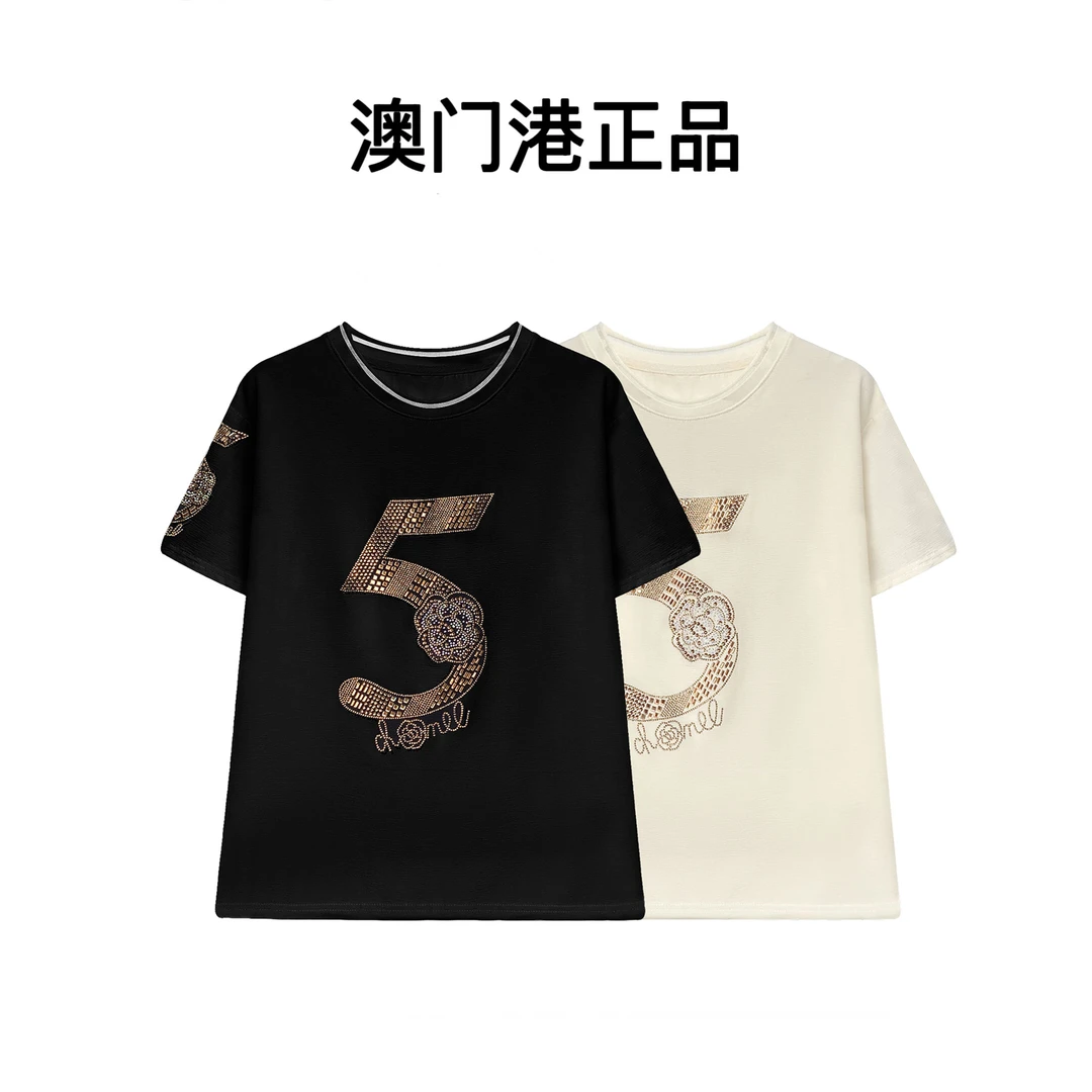 【澳门港正品】68119#时尚重工拼接烫钻短袖T恤2025潮流个性上衣