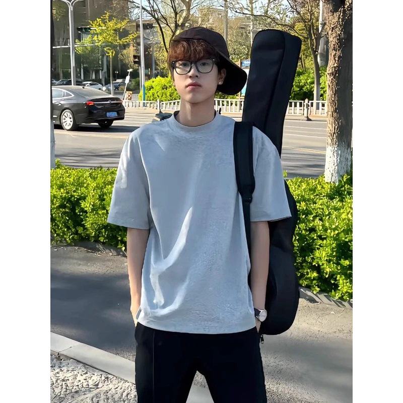 花灰色纯棉短袖T恤男款夏季美式高街ootd穿搭简约休闲宽松半截袖