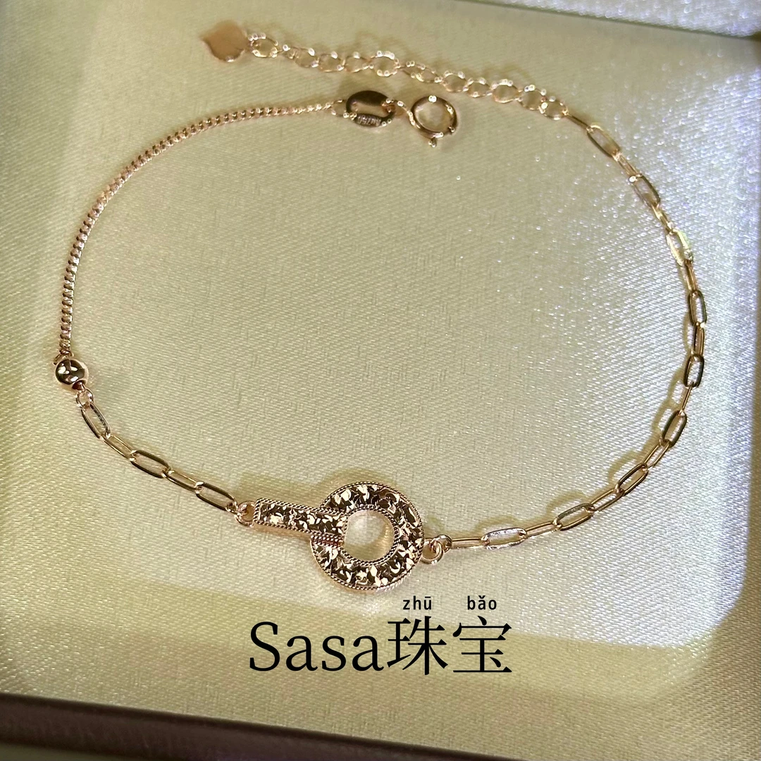 18k玫瑰金手链【一字圆饼手链】圣诞送礼气质超闪