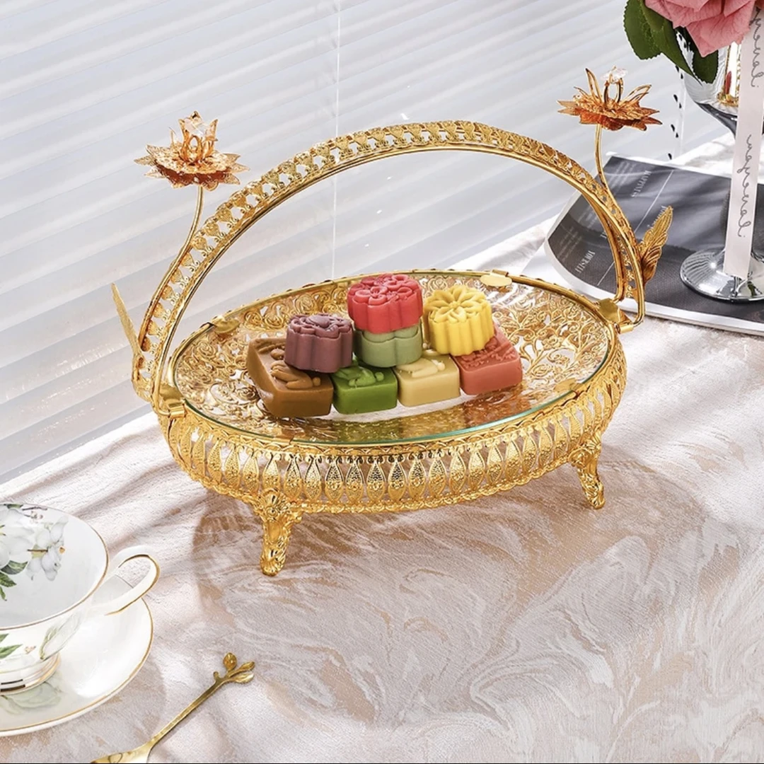 北欧轻奢风水果盘高颜值镀金玻璃高档糕点盘客厅家用糖果盘高级感