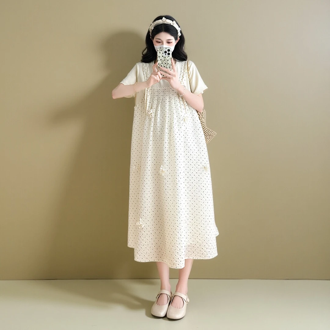 孕妇装2025夏季新款假两件宽松休闲波点连衣裙孕妈高级穿搭孕妇裙