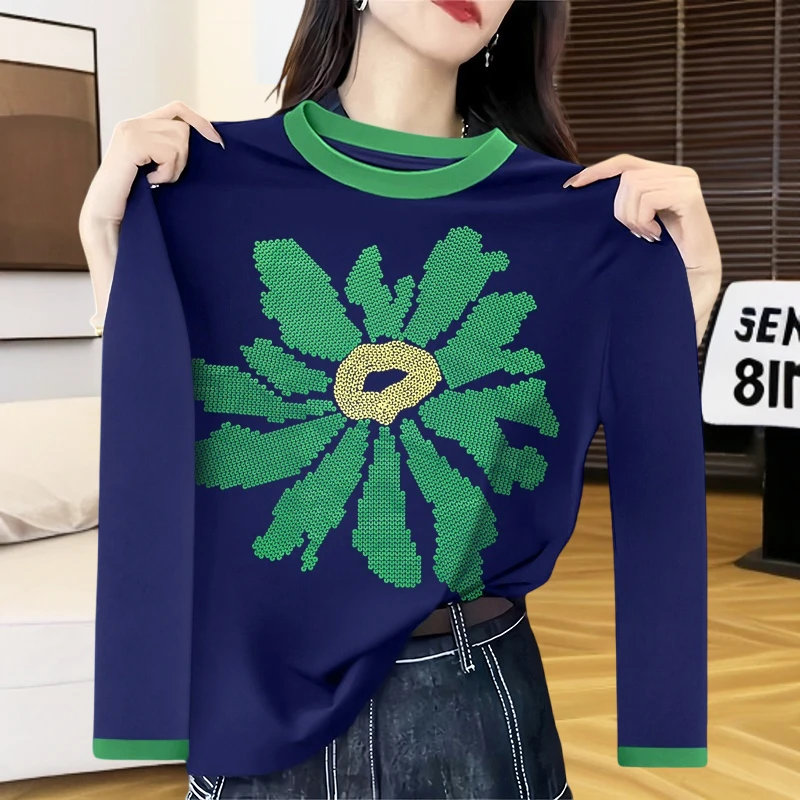 纯棉重工设计感印花打底衫春秋长袖t恤2025新款洋气百搭上衣女