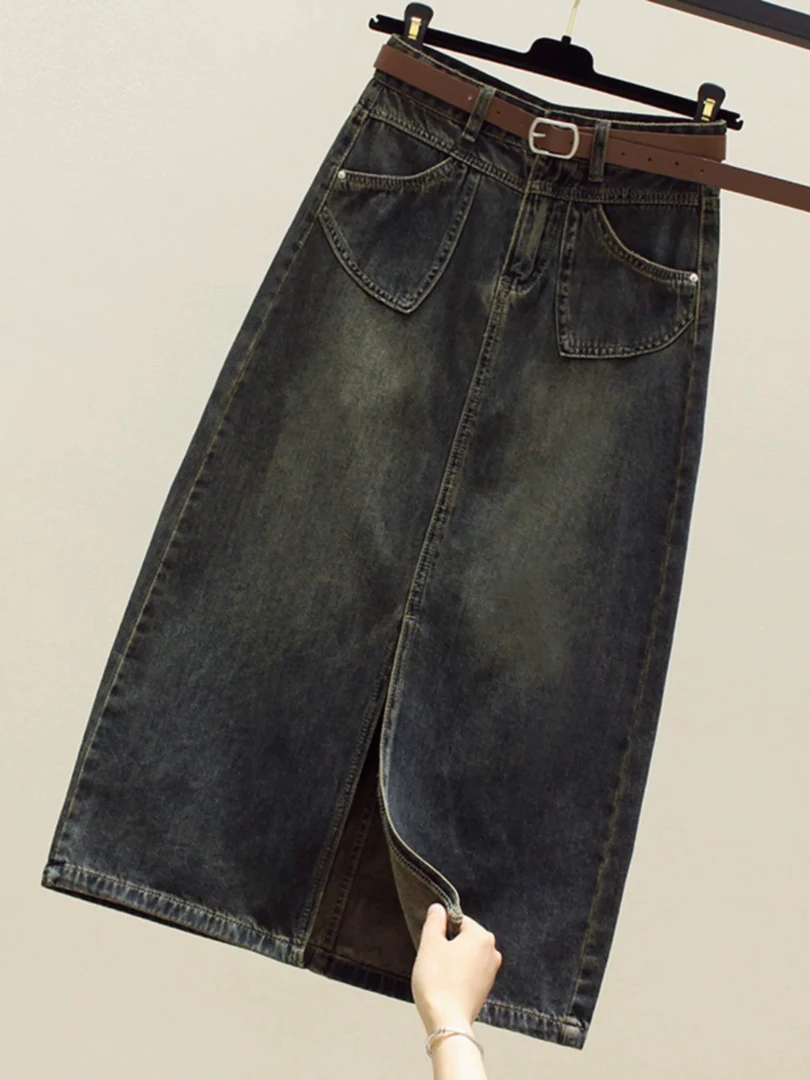 086 前开叉半身裙女高级感秋冬季新款中长款包臀A字牛仔裙 N7795
