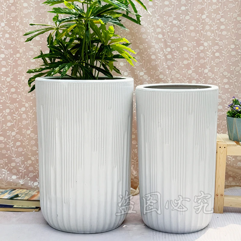 钧文高款白色高低条纹北欧简约花盆用于客厅发财树龙血树