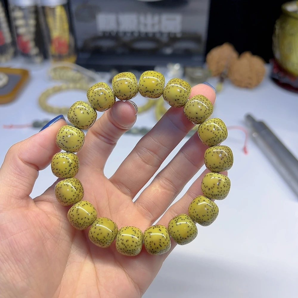 精品海南星月原生态同枝鸡油黄13.5×12.5正月双留白桶珠