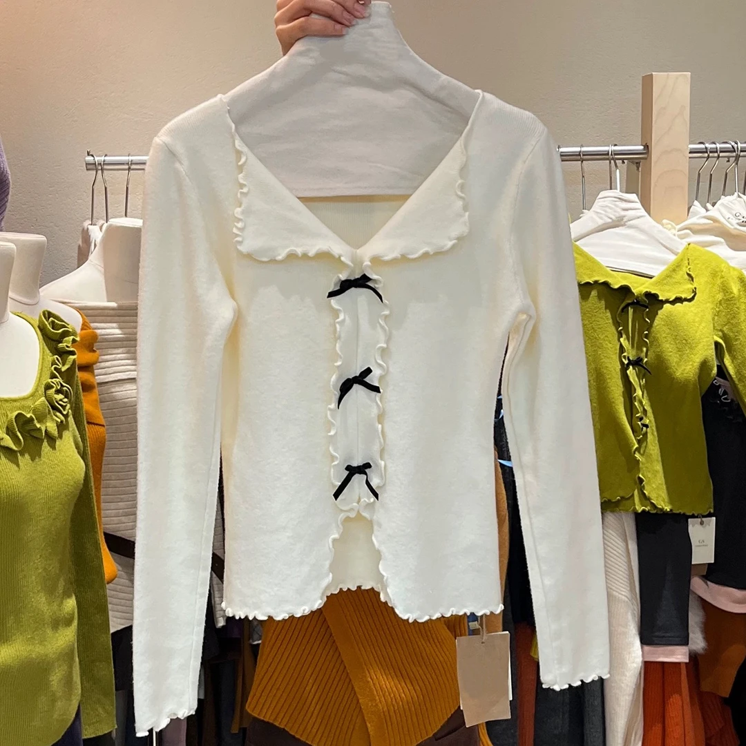 2025秋冬新款纯欲甜美辣妹木耳边V领蝴蝶结修身显瘦毛针织衫上衣
