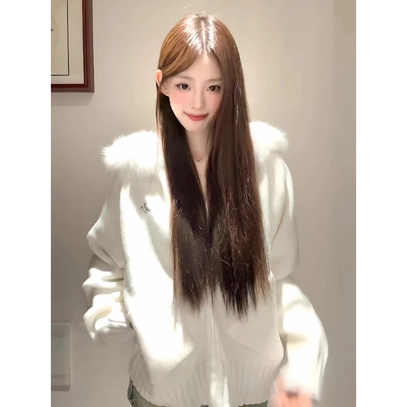 韩系千金感白色毛衣开衫女秋冬季新款加厚毛领外套温柔风甜美上衣