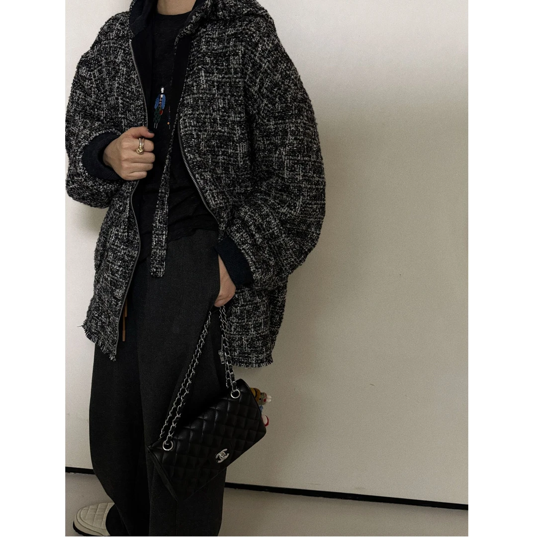 澳毛花呢大廓形连帽外套 J24W466