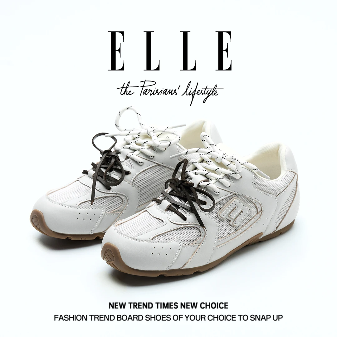 ELLE双鞋带透气网面德训鞋女2025新款复古百搭软底舒适休闲运动鞋