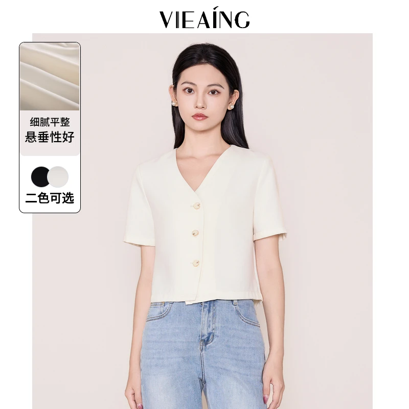 VIEA.ING薇迎短袖衬衫女2025夏季新款通勤衬衣小个子短款V领上衣