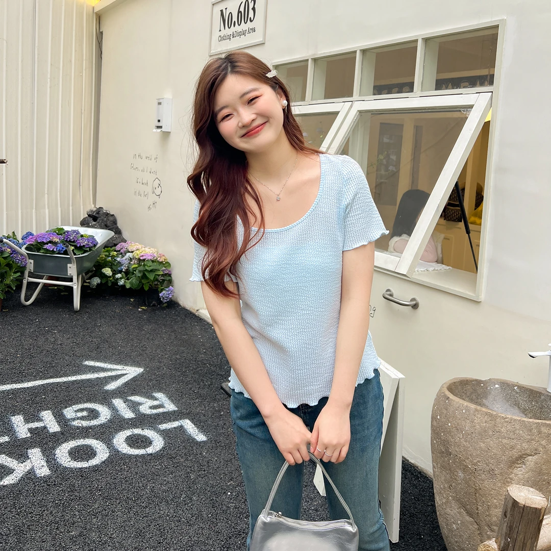 大码百分百夏季显瘦时尚方领正肩针织T恤女0421