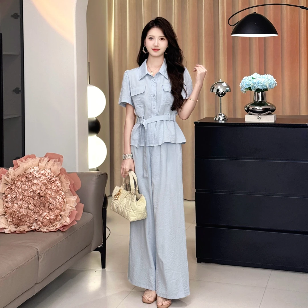 屿宁【南法回忆】新款欧货时尚垫肩收腰短袖夹克长裤两件套5655a