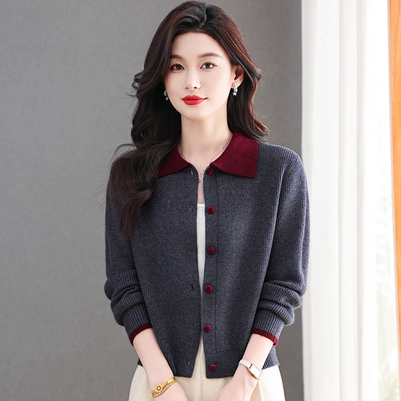 哥弟阿玛施正品气质外搭韩版女款上衣洋气拼色设计翻领针织衫外套