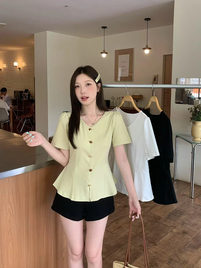 64940合#夏季新款胖mm大码女纯欲V领正肩短袖t恤收腰遮肉显瘦上衣