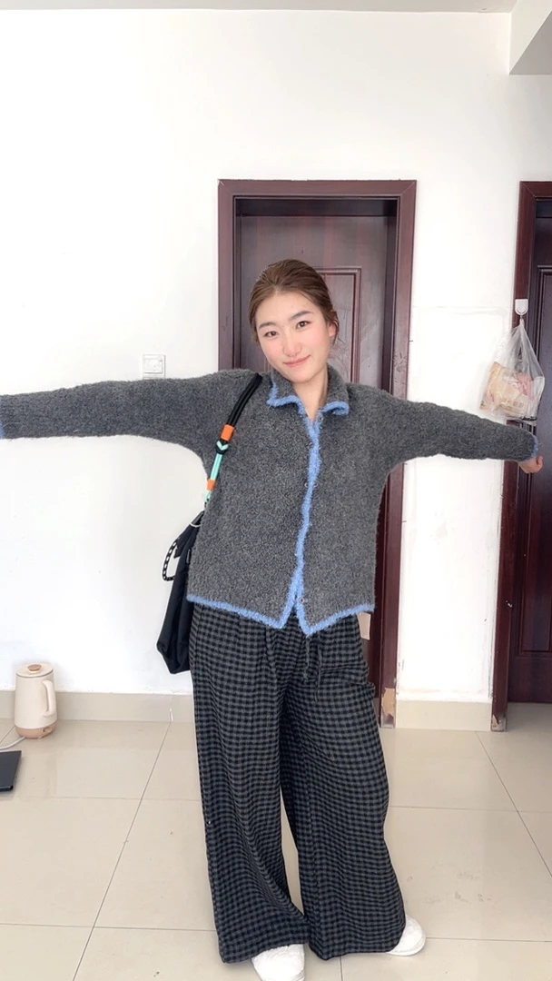 高腰休闲格子棉裤