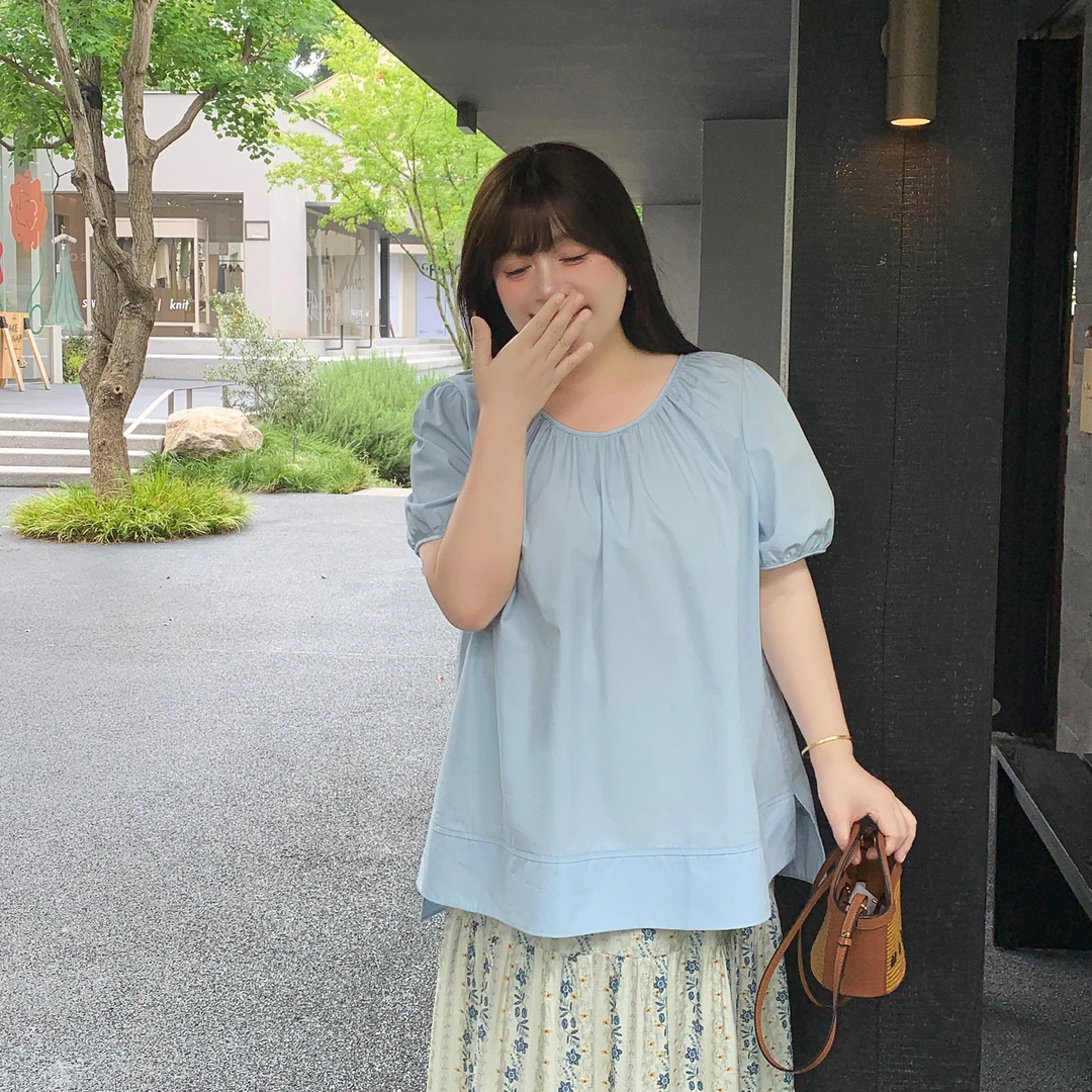 肉肉小姐定制大码女装夏新品法式圆领后系带A字短袖衬衫显瘦上衣